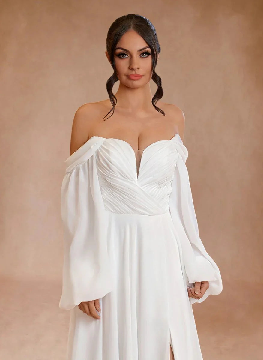 A Line Sweetheart Long Sleeves Chiffon Sweep Train Wedding Dress