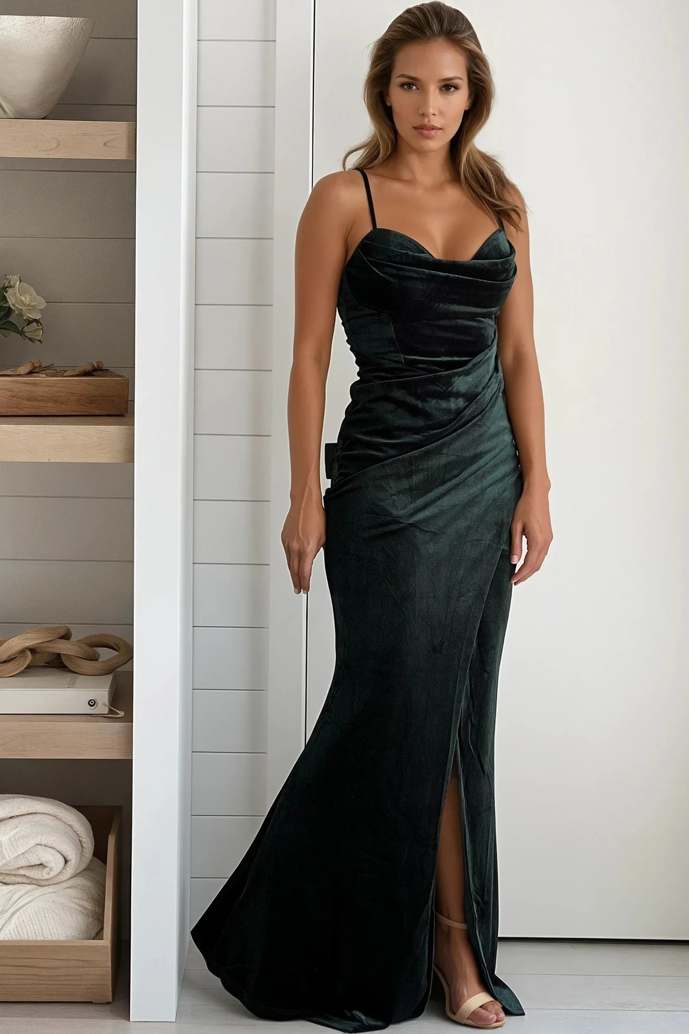 Hunter Green Velvet Pleated Wrap Maxi Dress