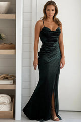 Hunter Green Velvet Pleated Wrap Maxi Dress