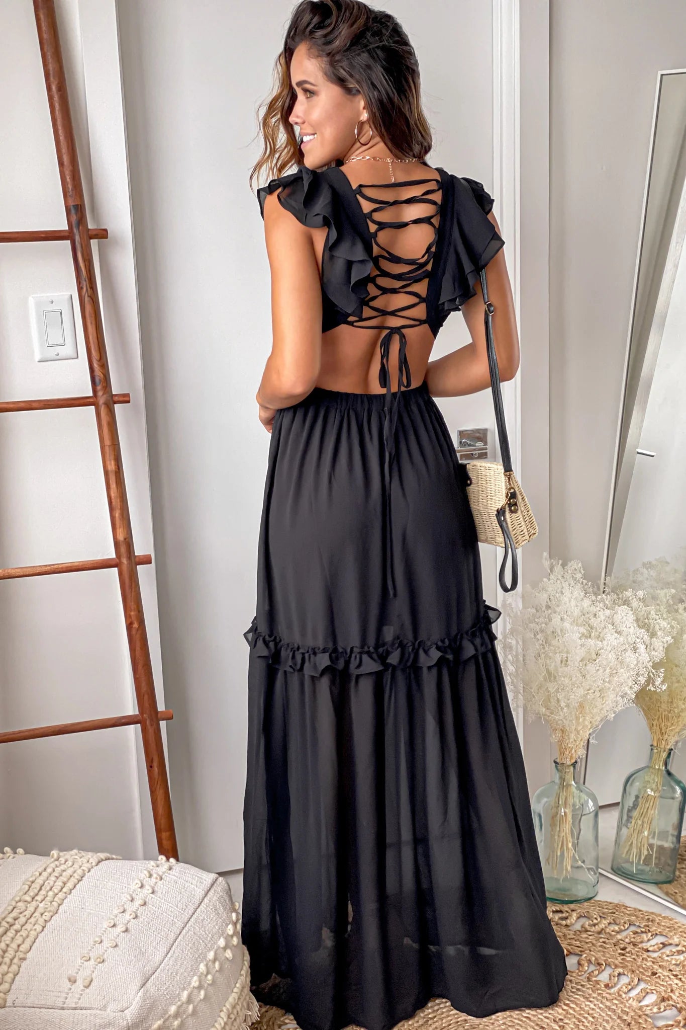Black Maxi Dress With Cut Out And Lace Up Back