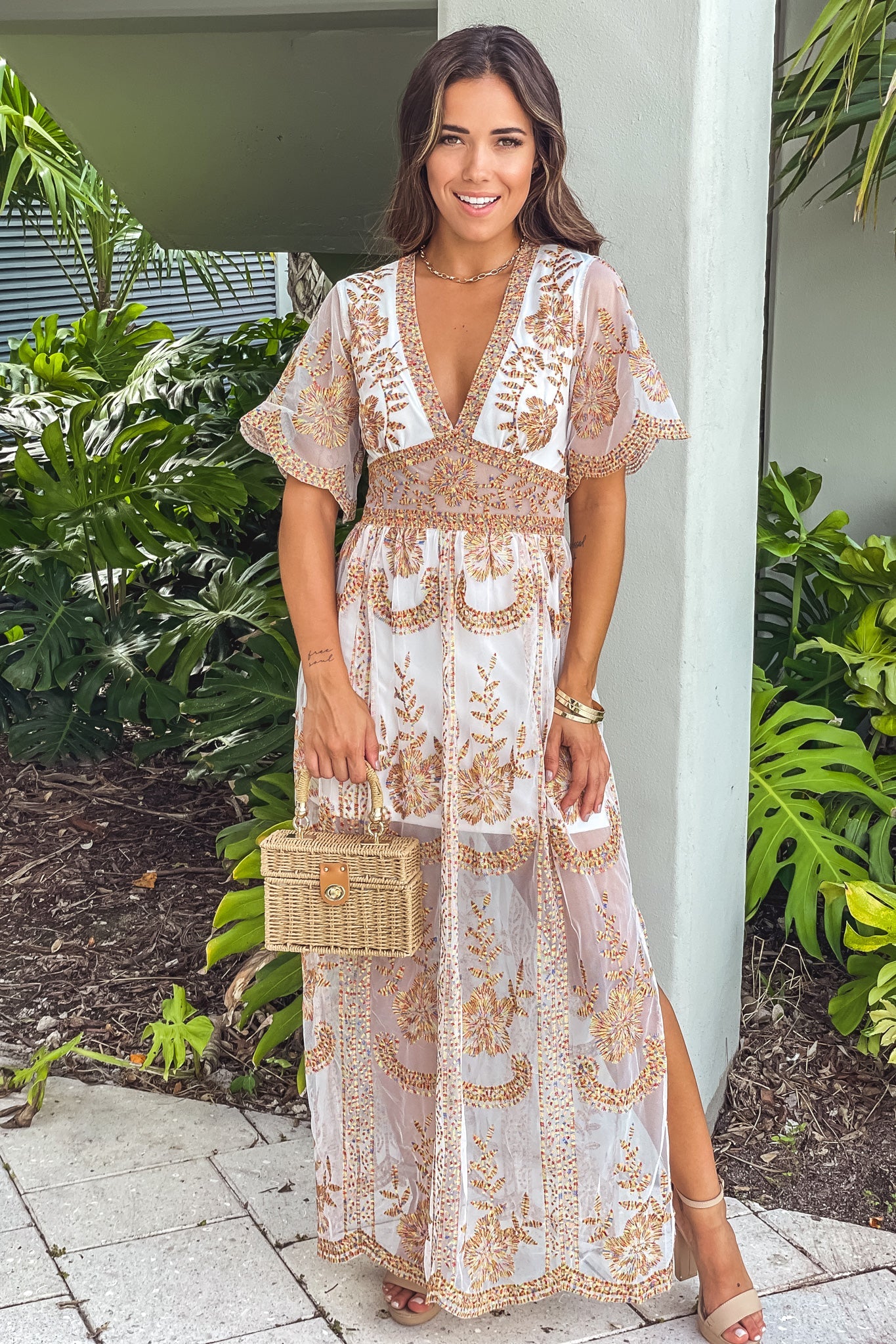 White Multi Color Lace Maxi Dress