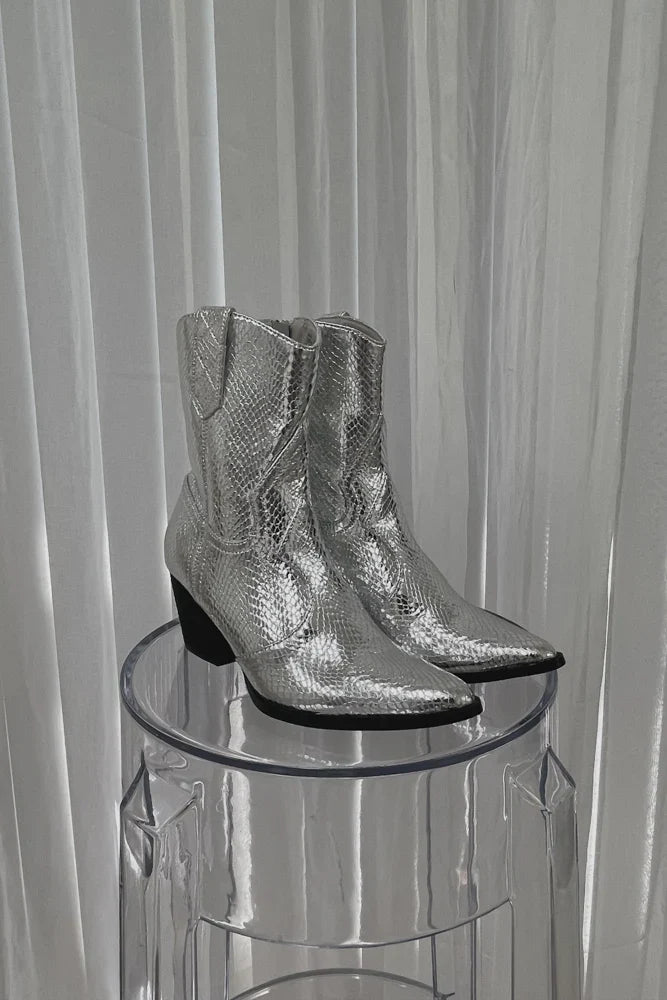 Bambi Silver Snake Western Ankle Boot