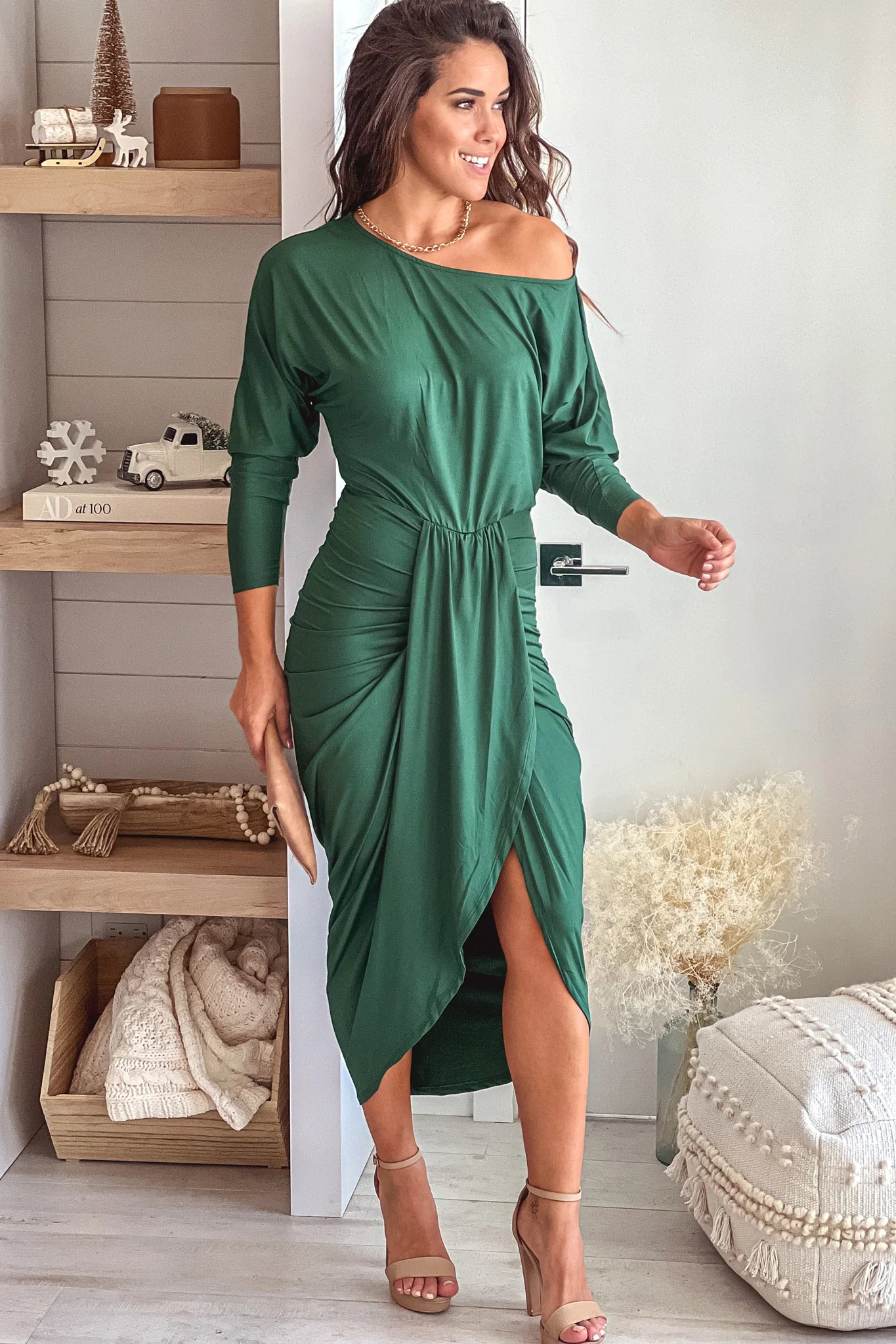 Hunter Green One Shoulder Ruched Dress