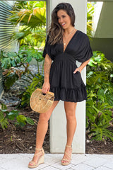 Black V Neck Short Dress With Pockets