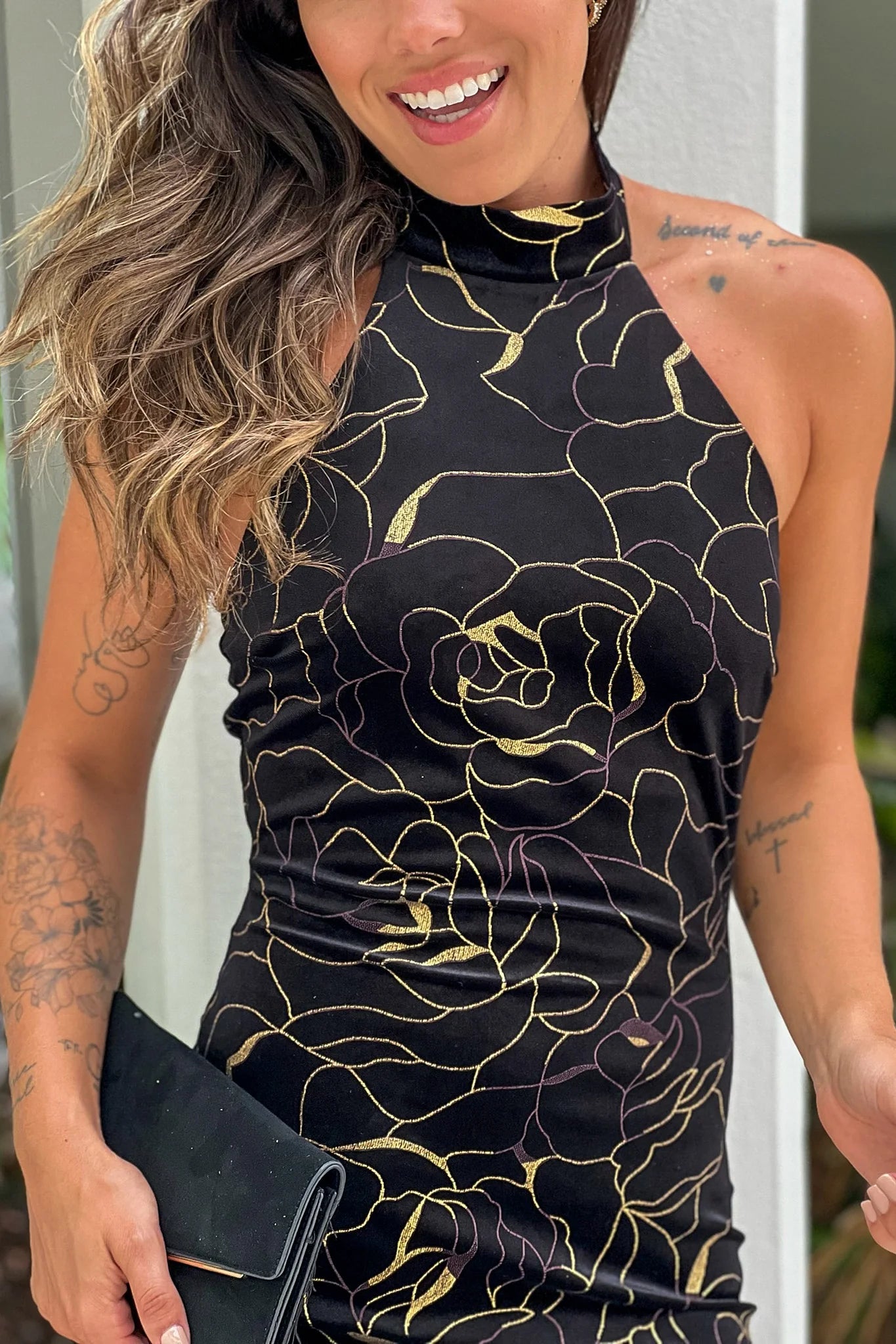 Black And Gold Printed Velvet Midi Dress