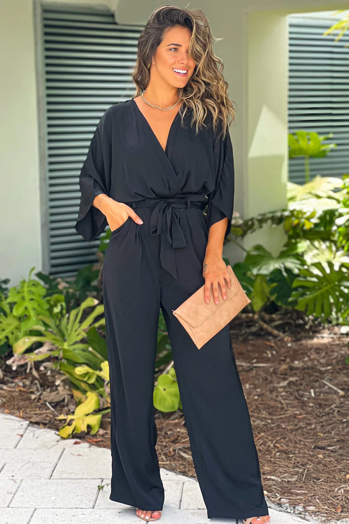 Black Satin V Neck Jumpsuit With Pockets