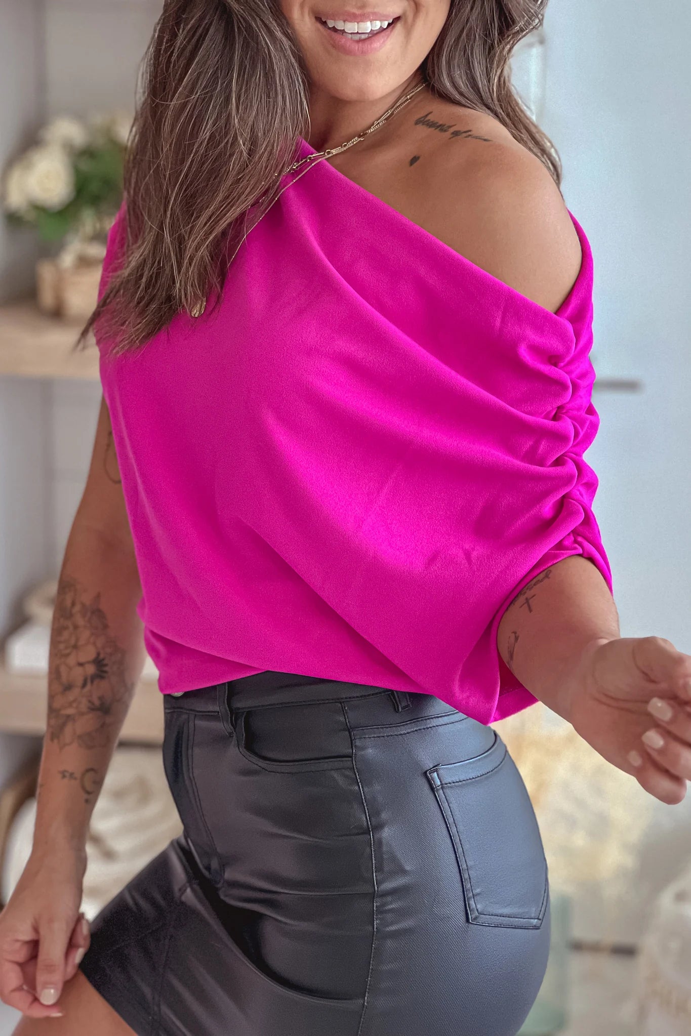 Magenta Side Ruched One Shoulder Top