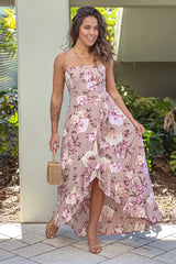 Mauve Floral Ruffle High Low Dress