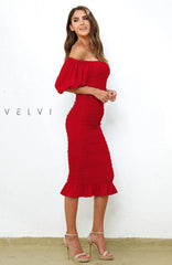 Skyla Shirred Midi Dress RED