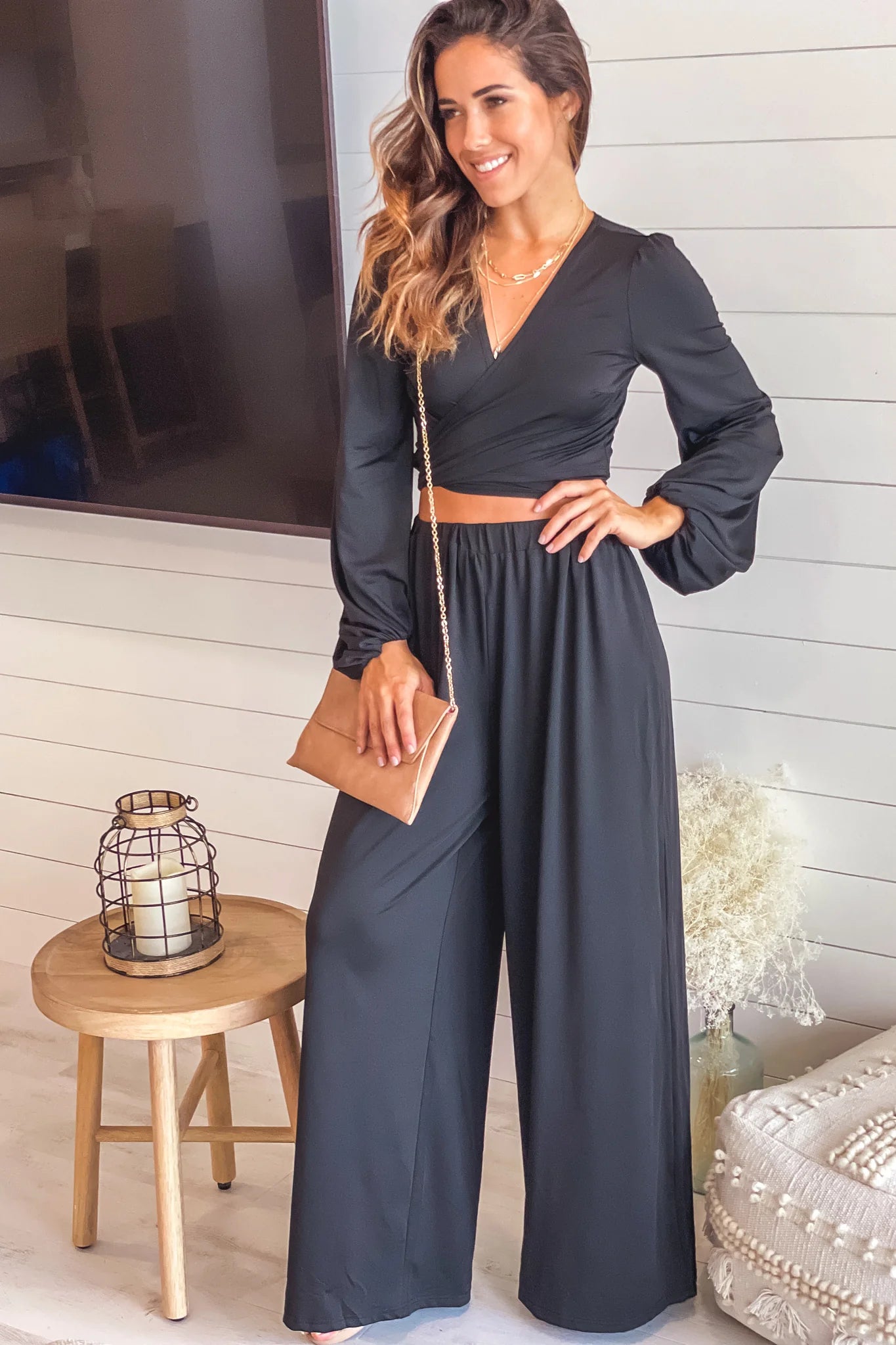 Black Long Sleeve Top and Pants Set