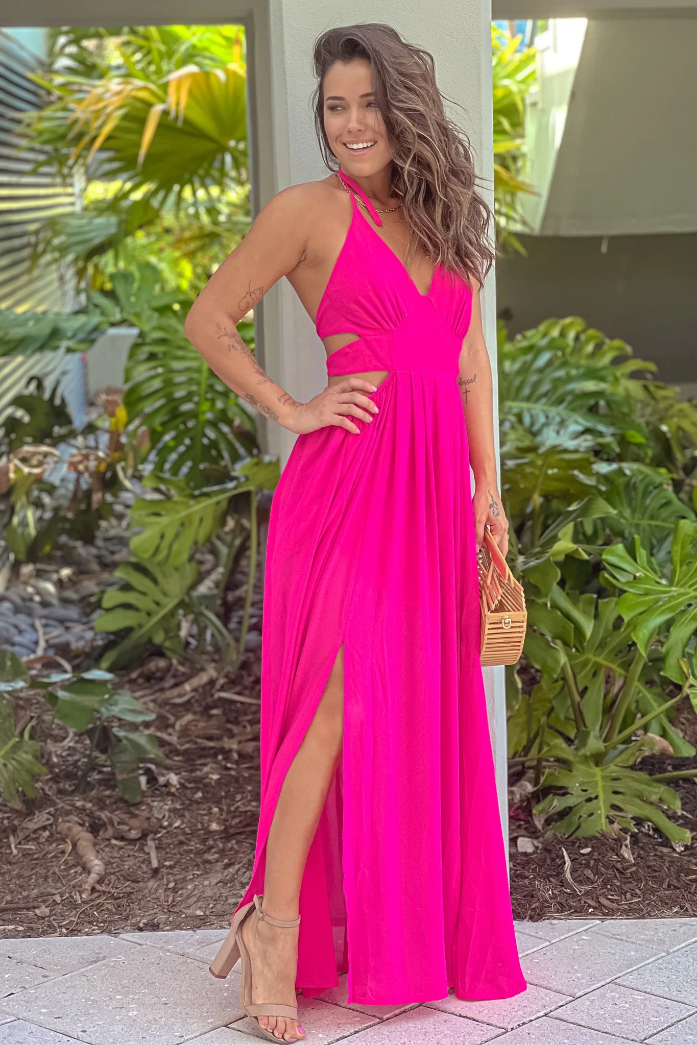 Fuchsia Maxi Dress With Slits And Double Tie Back