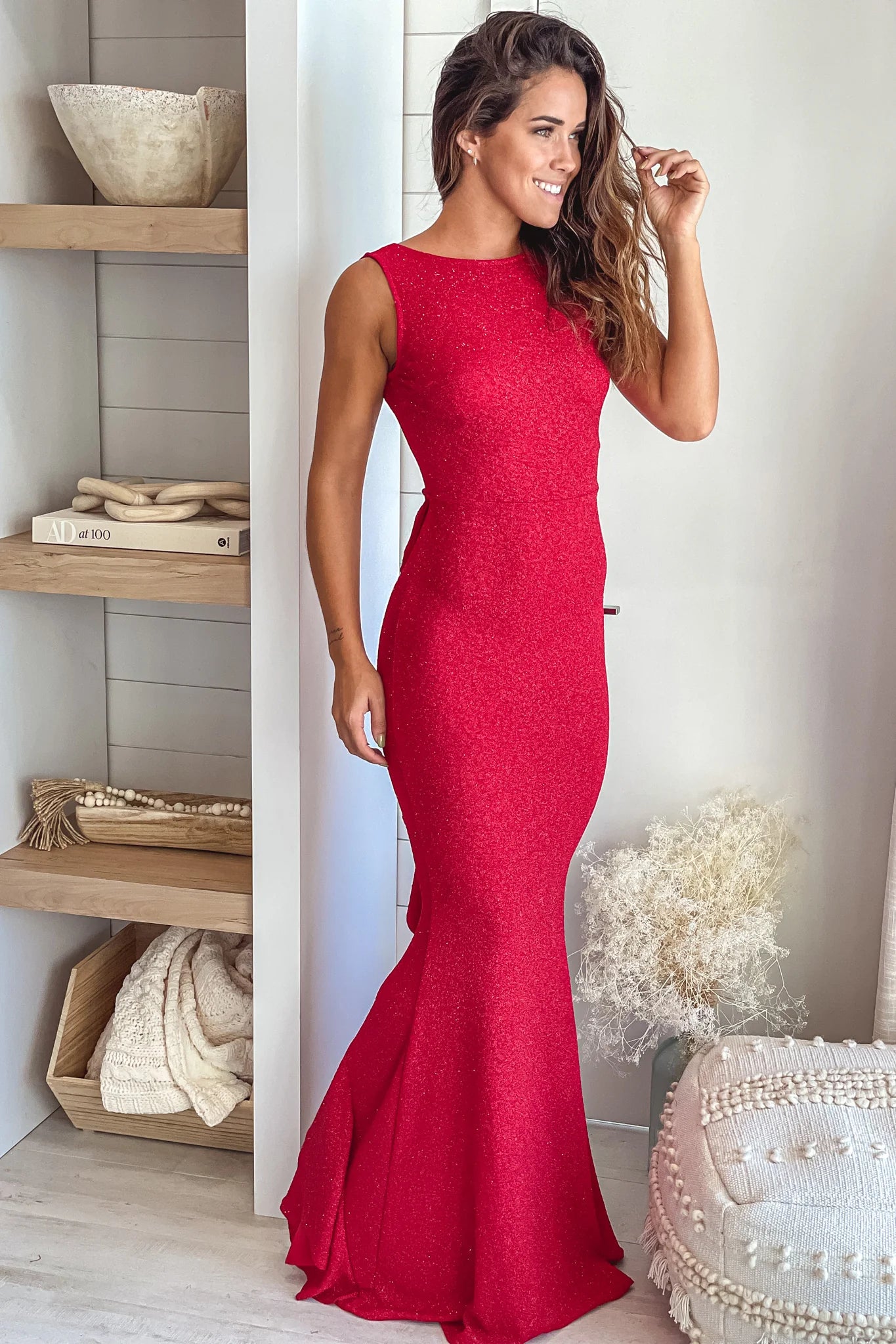 Red Glitter Maxi Dress With Bow Detail