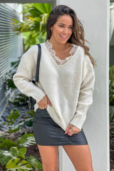 Ivory Lace Trim V Neck Sweater