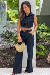 Black Button Down Top And Pants Set