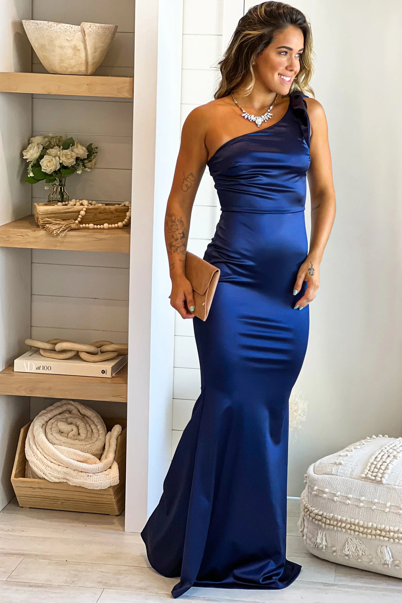 Navy One Shoulder Maxi Dress With Bow Detail