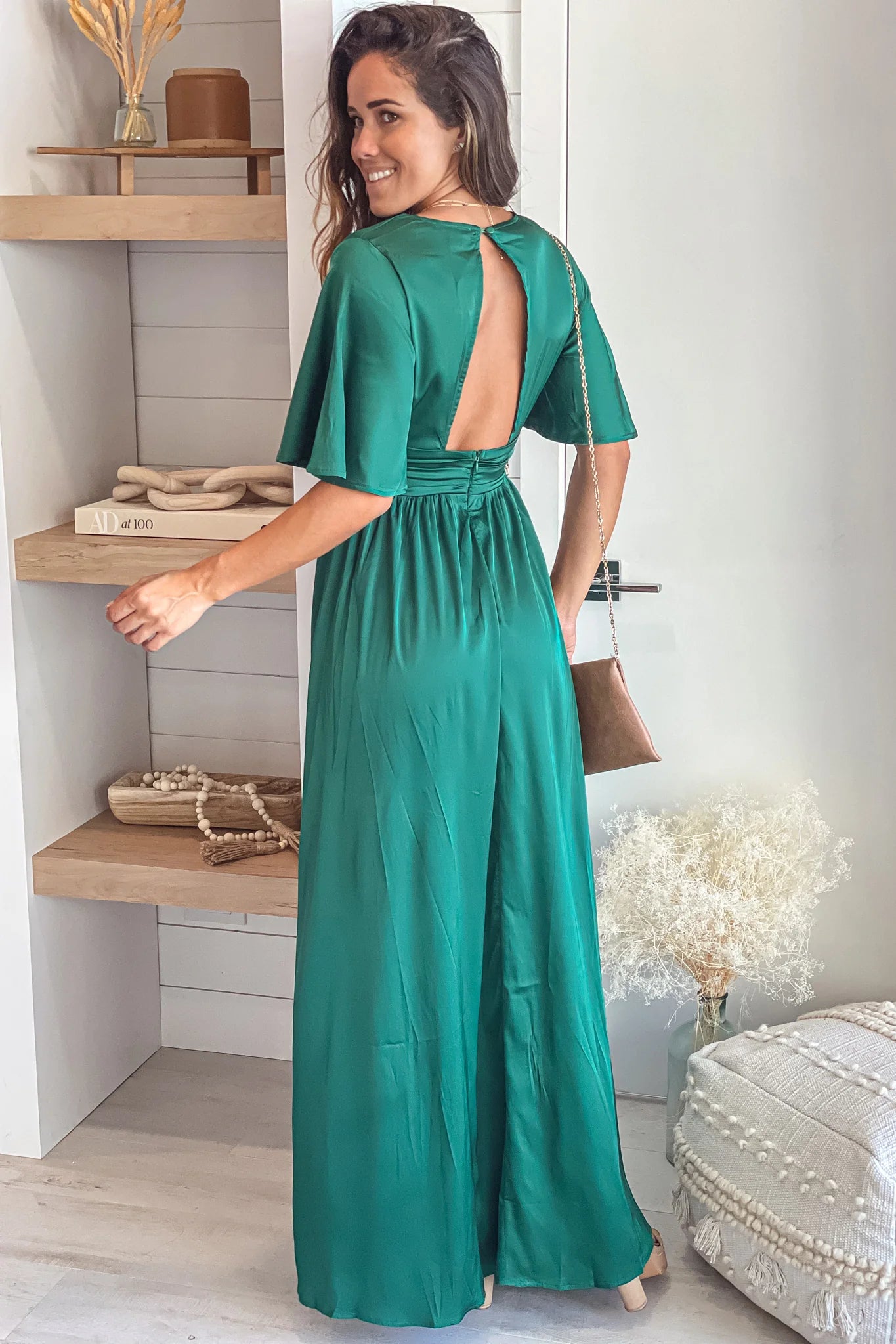 Hunter Green Satin V Neck Maxi Dress With Slit
