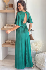 Hunter Green Satin V Neck Maxi Dress With Slit