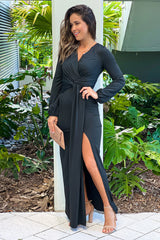 Black Maxi Dress With Venetian Long Sleeves And Slit