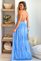Blue Lace Maxi Dress With Crochet Top