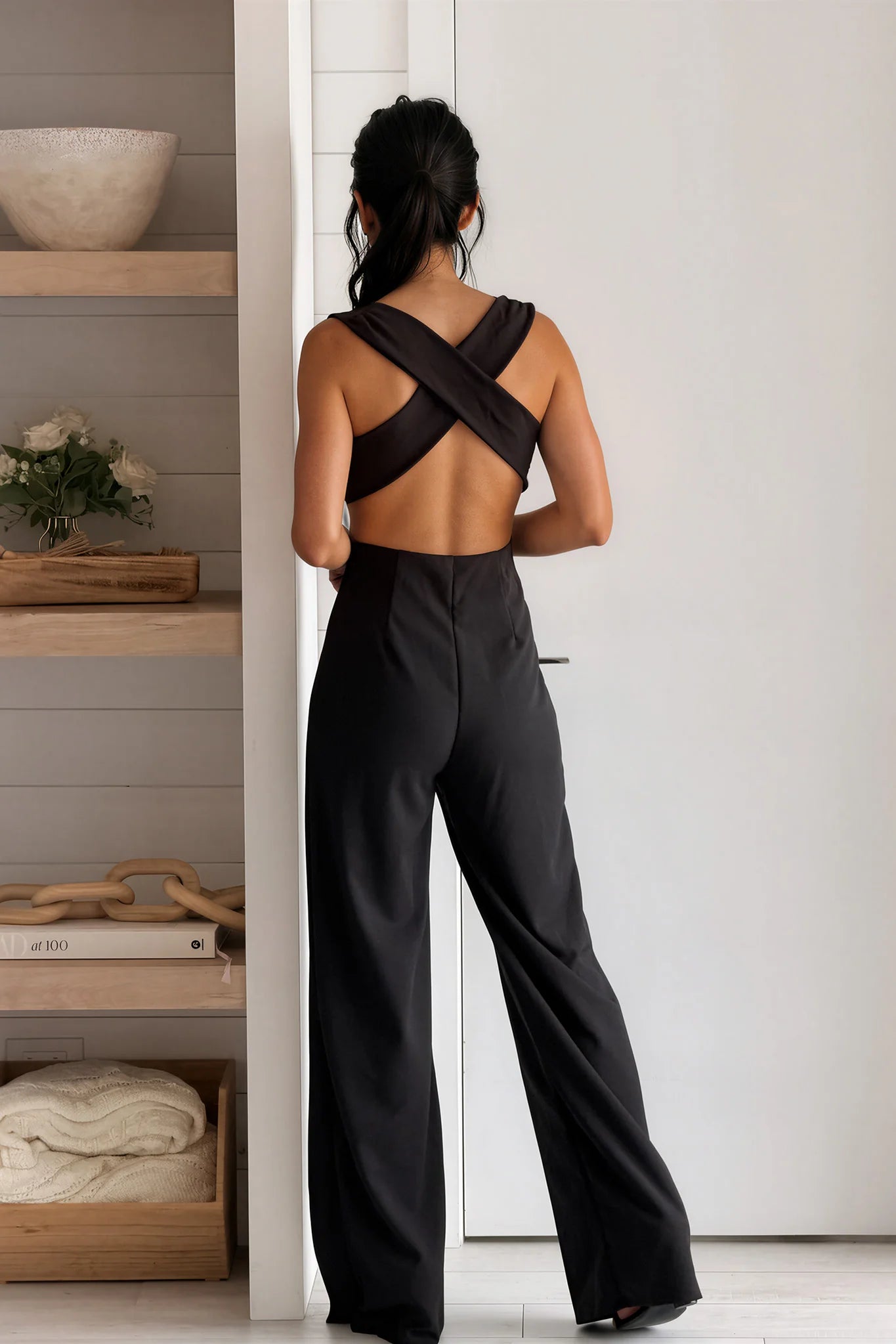 Black Criss Cross Back Wide Leg Jumpsuit