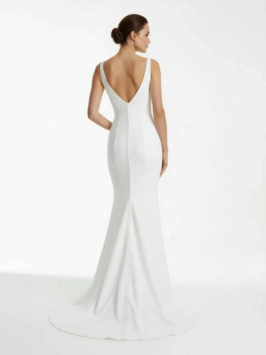 Ivory Plunge V Open Back Mermaid Long Wedding Dress