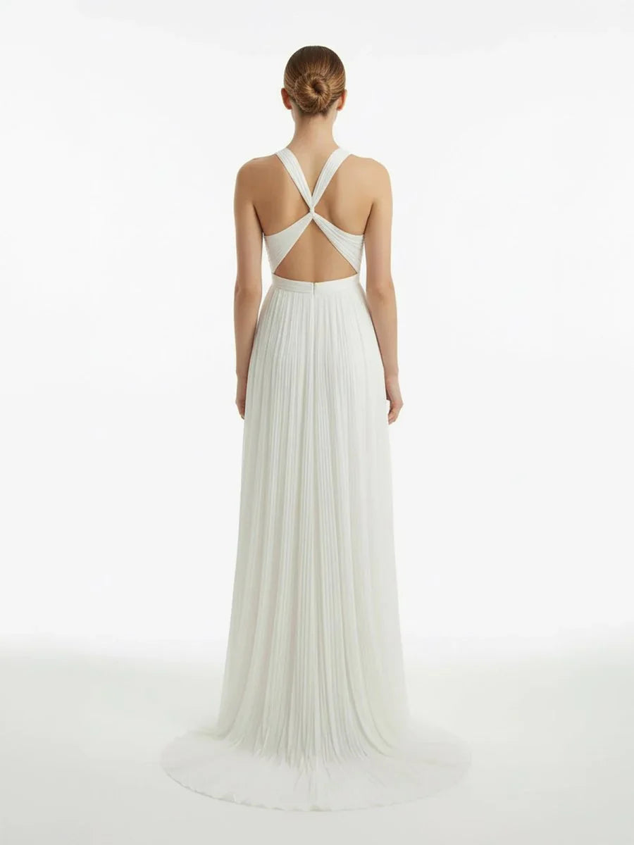 Sheath Halter Chiffon Plaited Dress With Special Back Design