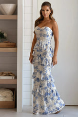 Blue Lace Floral Ruffled Maxi Dress