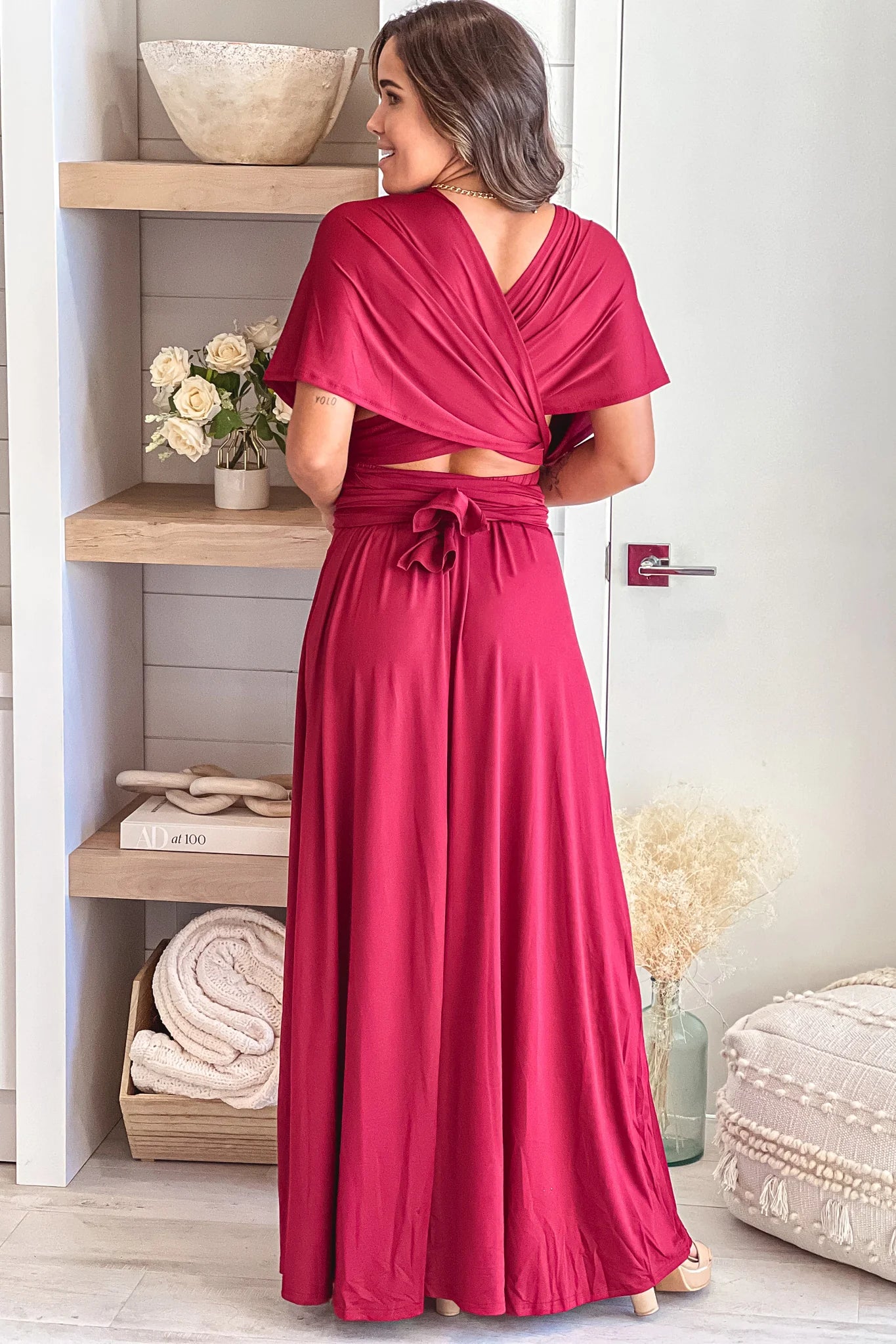 Burgundy Multi Tie Maxi Dress With Slit