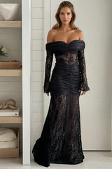 Black Lace Skirt And Sleeves Maxi Dress