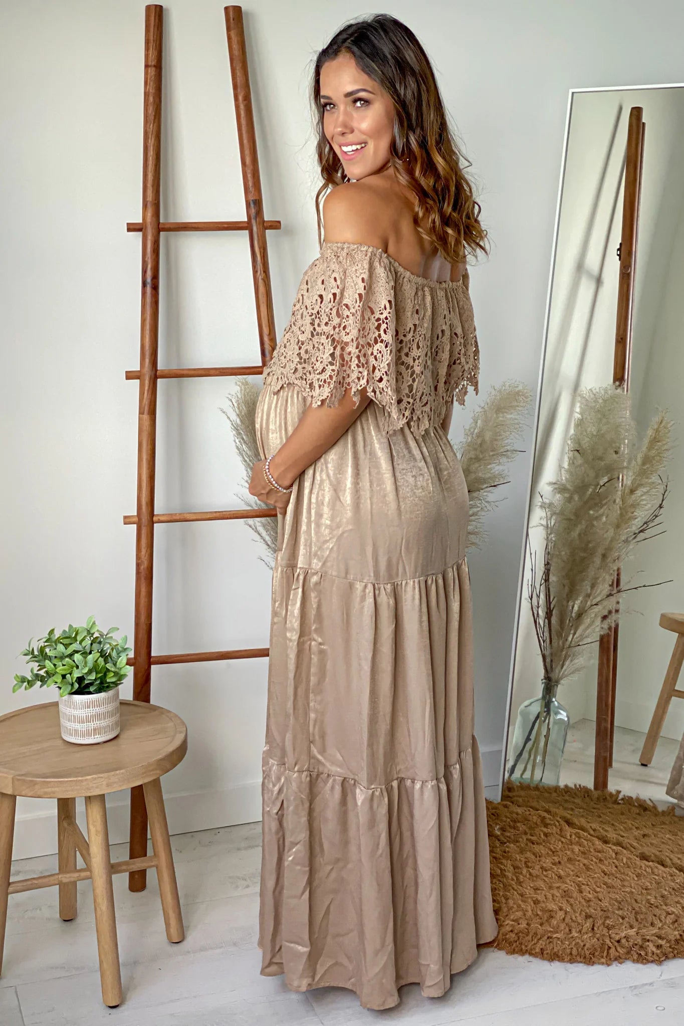 Champagne Off Shoulder Maternity Maxi Dress