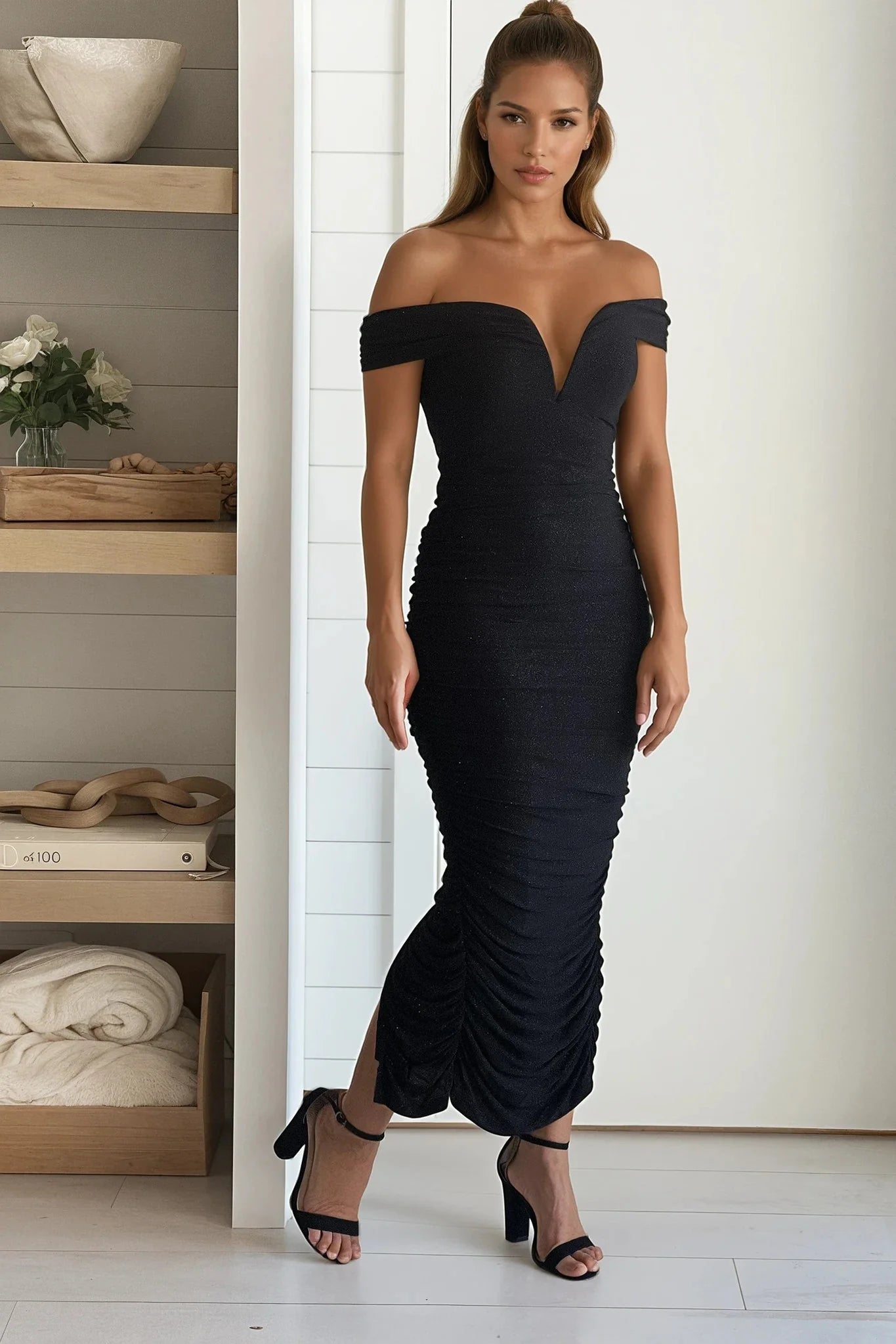 Black Ruched Off Shoulder Midi Dress