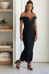 Black Ruched Off Shoulder Midi Dress