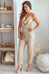 Gold Sequin Cowl Neck Jumpsuit
