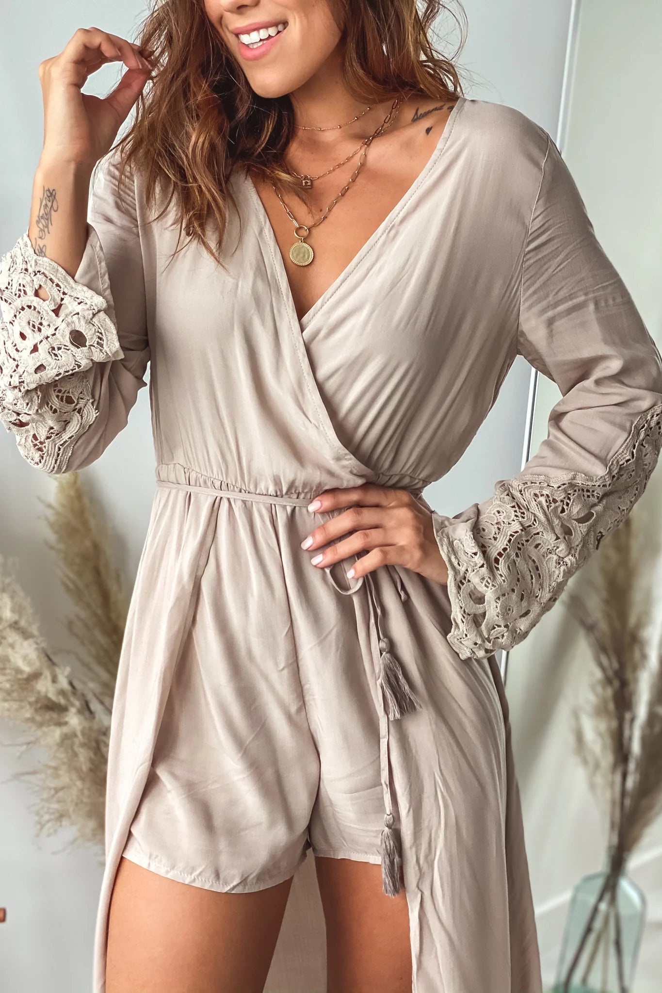 Natural Long Sleeve Maxi Romper with Lace Detail