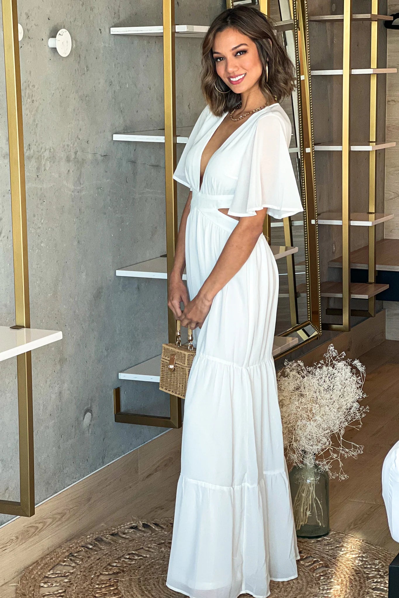 Off White V Neck Maxi Dress with Open Back