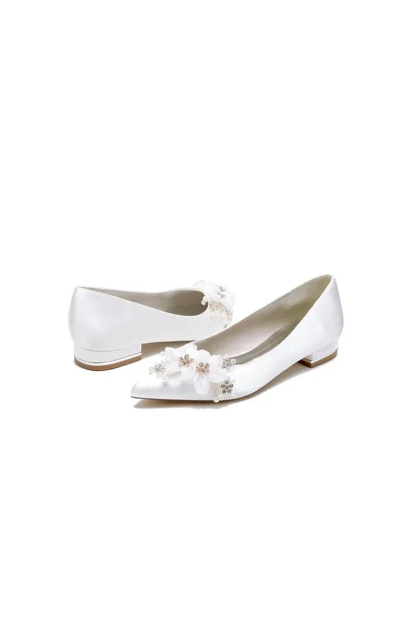 Satin Champagne Flats with Delicate Flower Embellishments