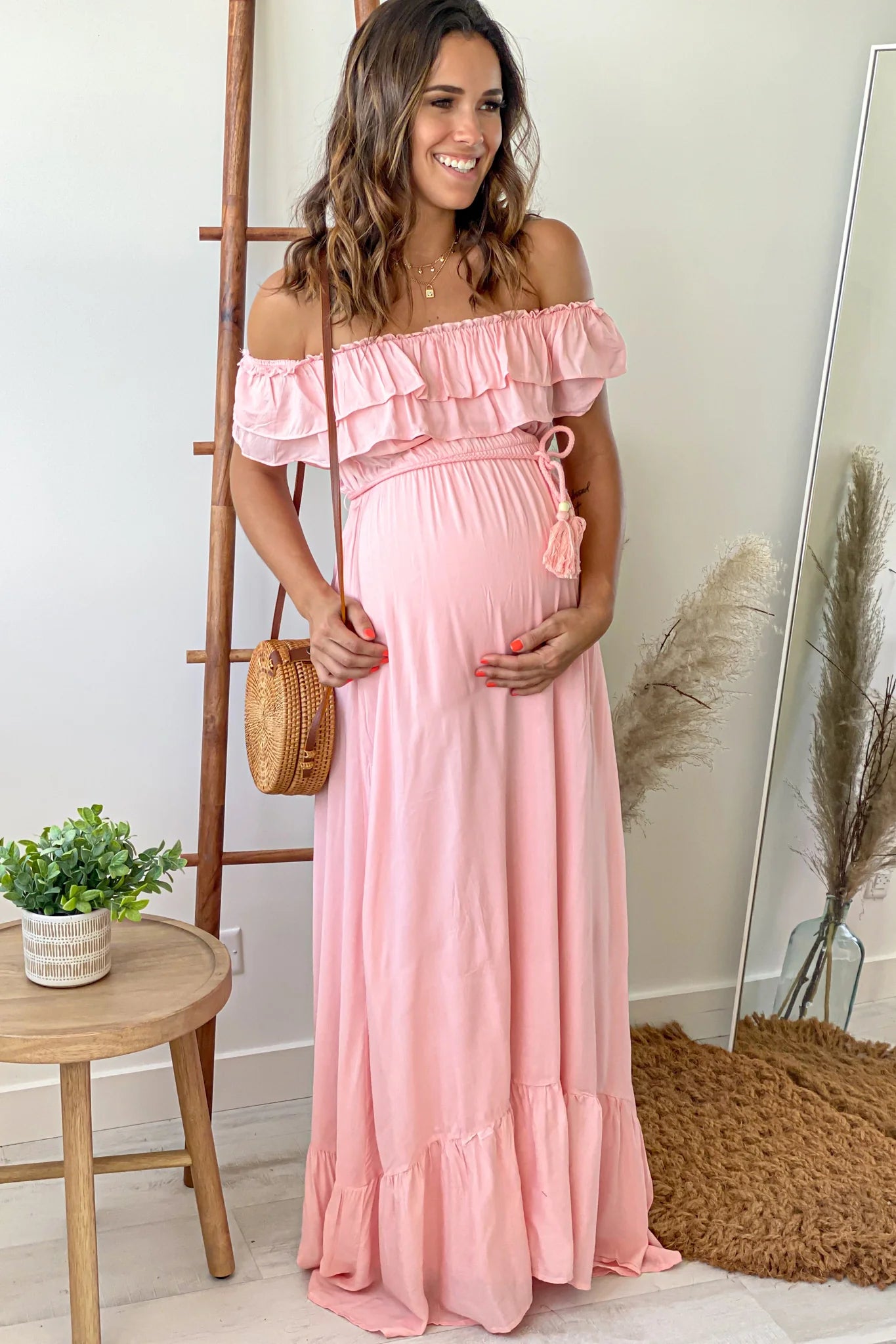 Pink Off Shoulder Waist Tie Maternity Maxi Dress