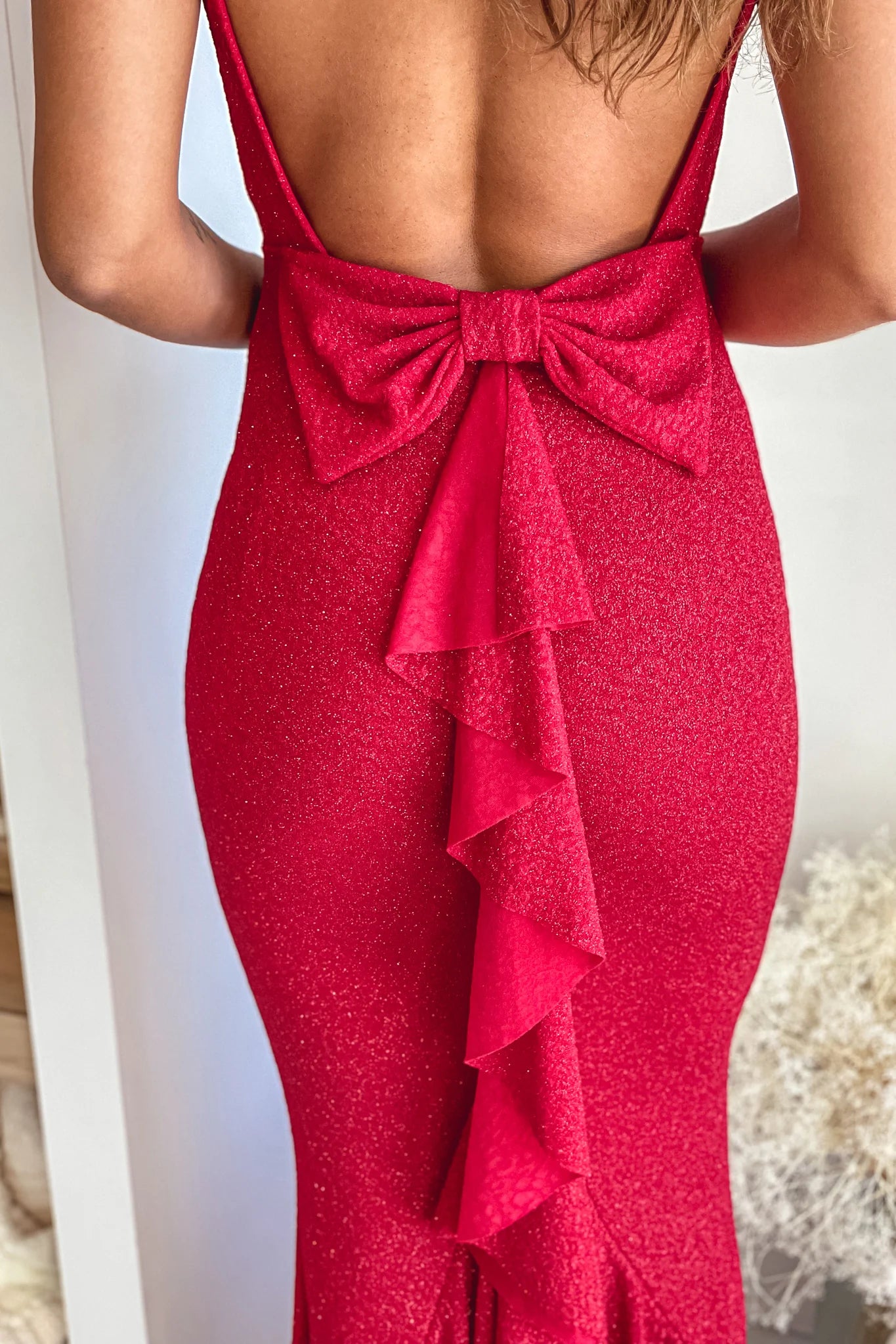 Red Glitter Maxi Dress With Bow Detail