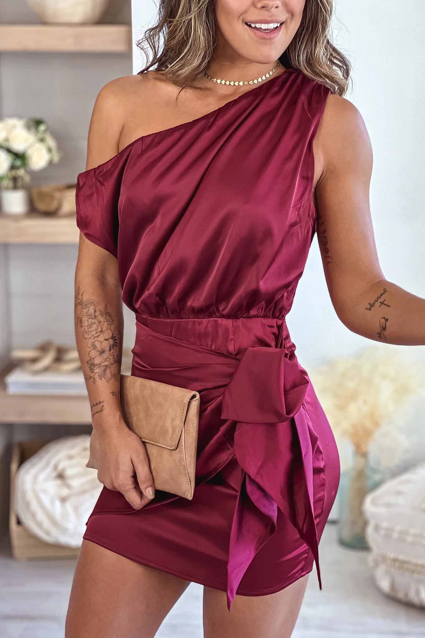 Wine One Shoulder Satin Dress