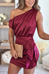 Wine One Shoulder Satin Dress