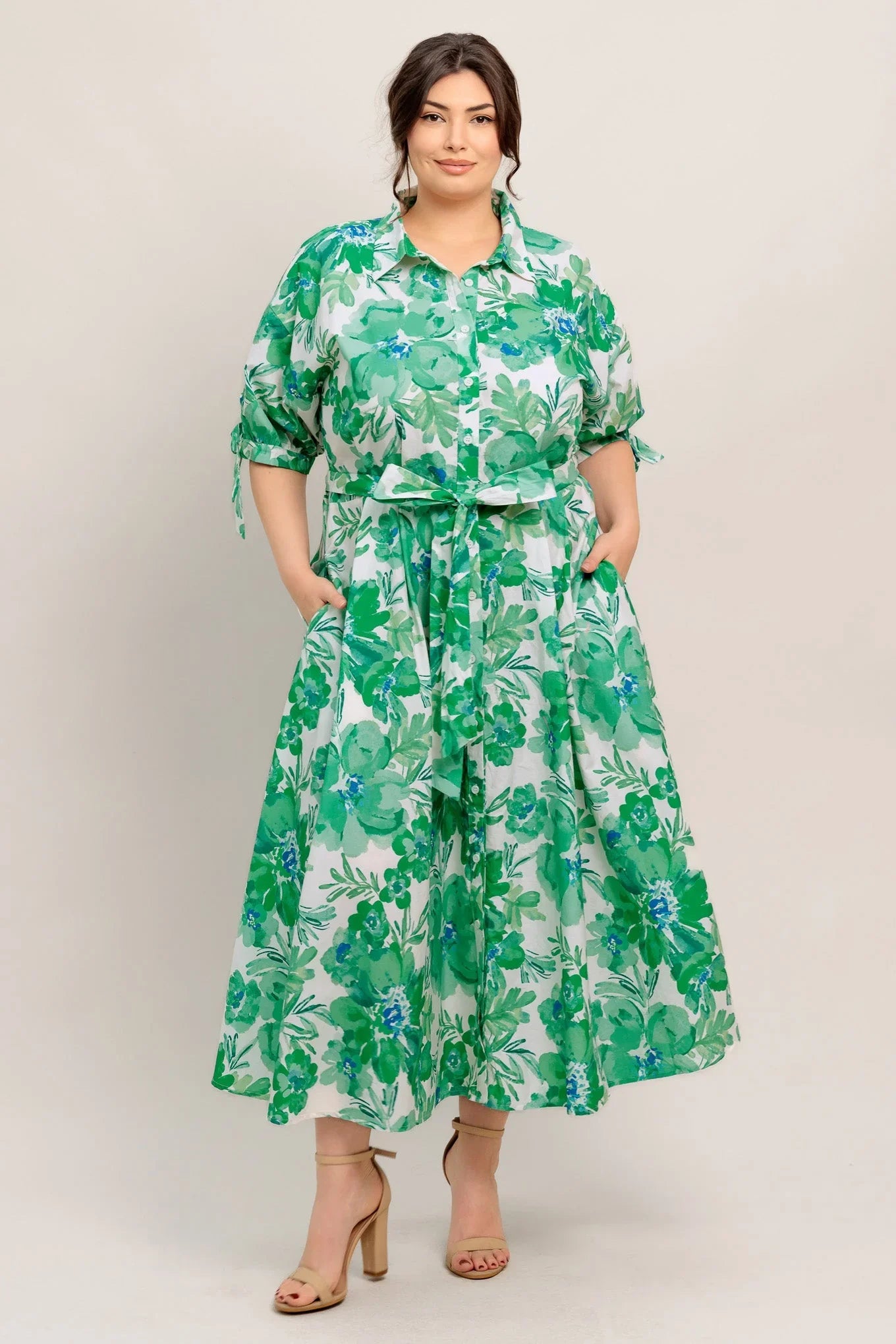 SIMPLY IN BLOOM GREEN FLORAL MIDI SHIRT DRESS