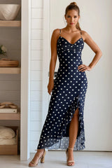 Navy Polka Dot Ruffled Slit Dress