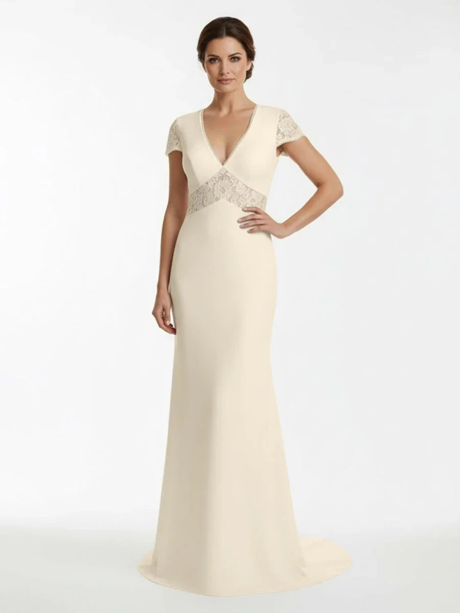 Modest Simple Sheath Short Sleeve Empire Floor Length Sweep Train Chiffon V neck Wedding Dress