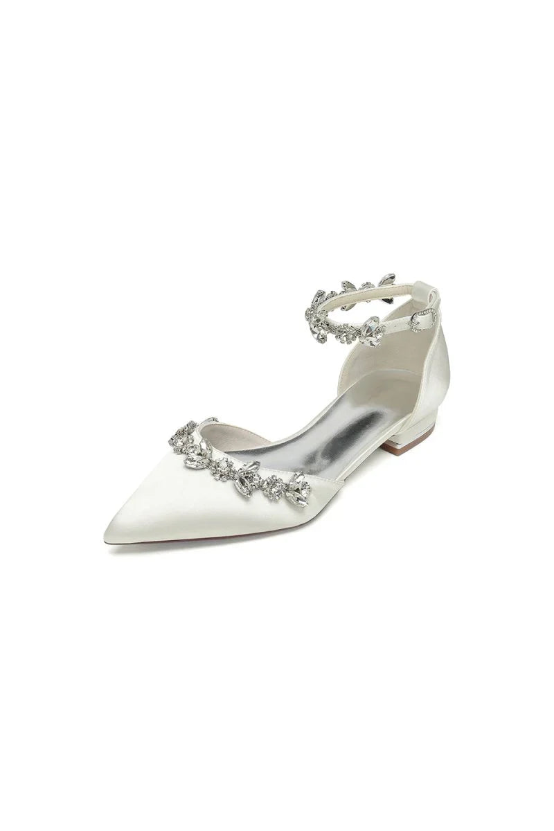 Pointed Toe Rhinestone Beaded Ankle Strap Kitten Heels