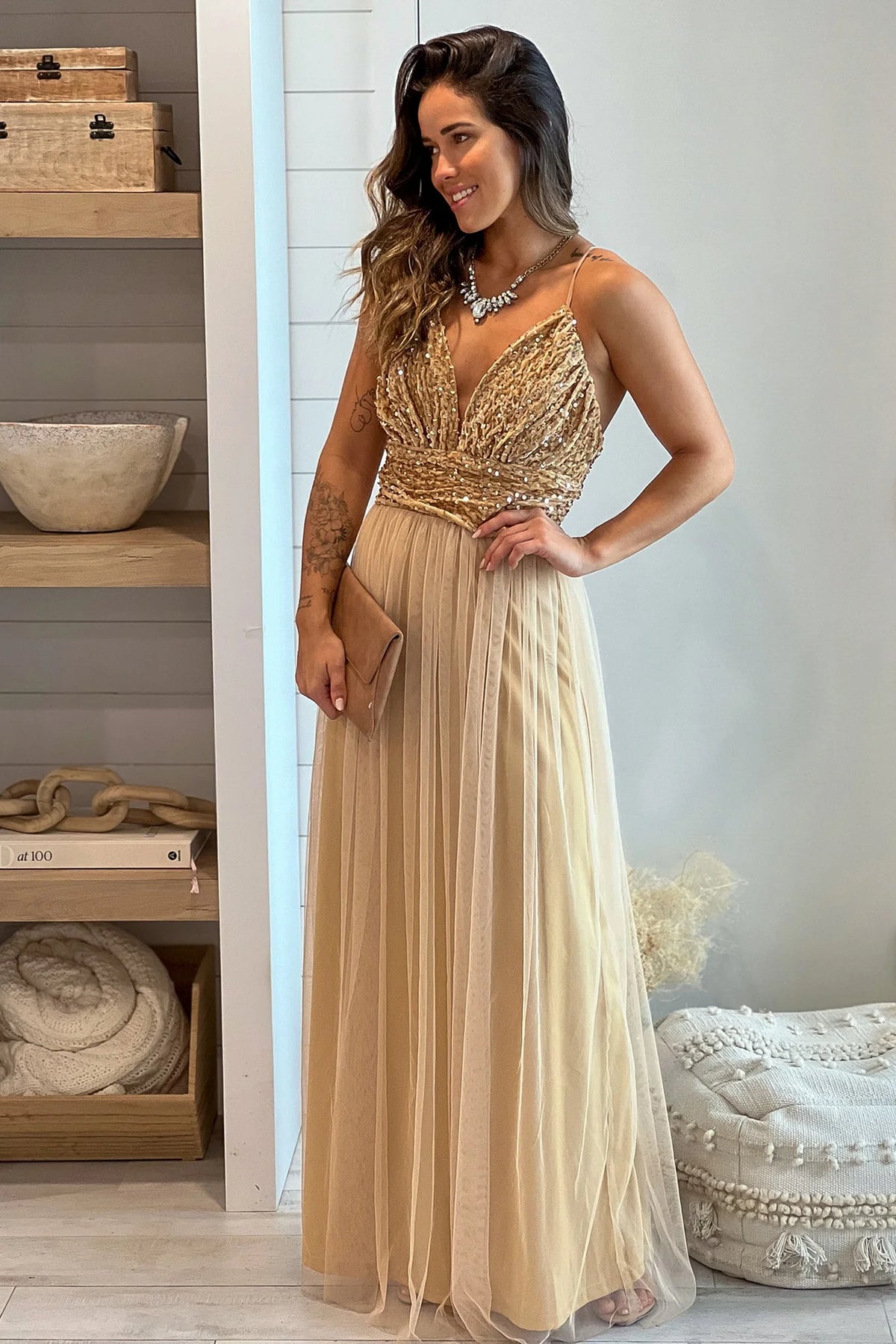 Champagne Mesh Maxi Dress With Sequin Top