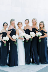 Black Mermaid Off Shoulder Side Slit V Neck Chiffon Long Bridesmaid Dress