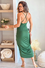 Hunter Green Midi Dress With Criss Cross Back