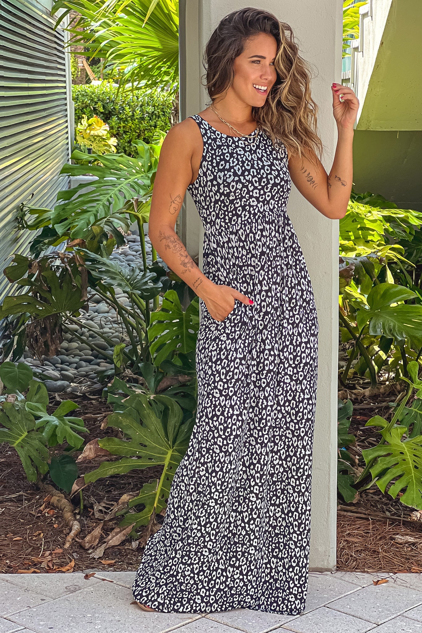 Black Leopard Print Maxi Dress With Pockets