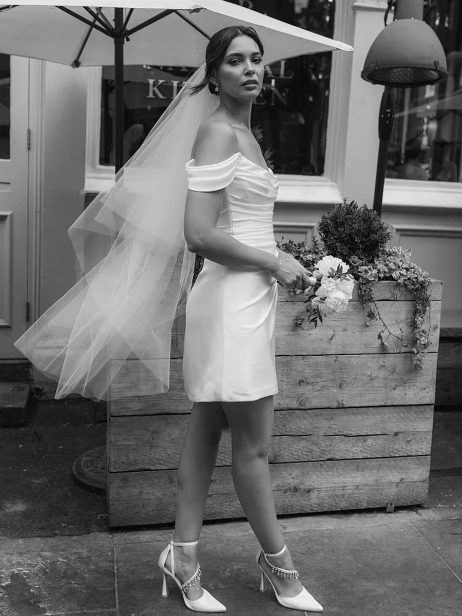 Off the Shoulder Short Satin Cowl Neck Simple Formal Wedding Dress With Slit
