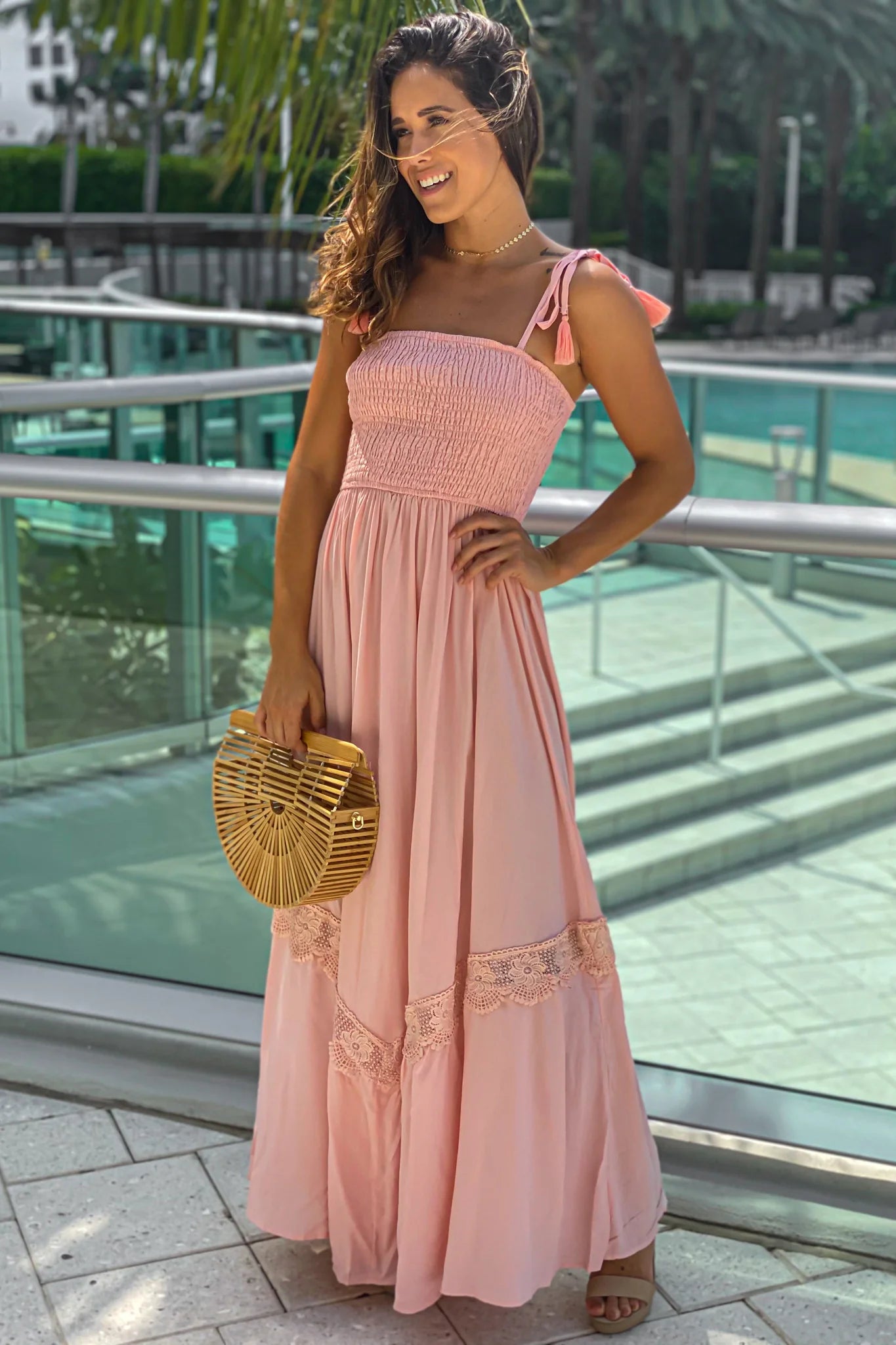 Blush Smocked Top Maxi Dress With Crochet Detail